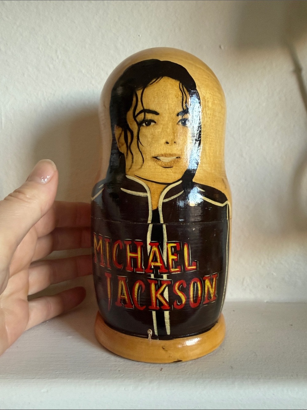 Hand-Painted Wood Nesting Doll in Black and Natural Finish